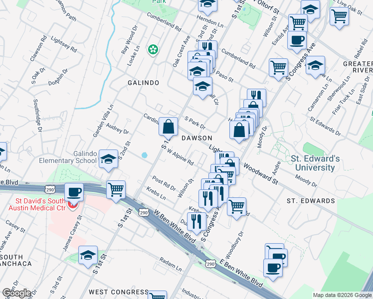 map of restaurants, bars, coffee shops, grocery stores, and more near 3501 South 1st Street in Austin
