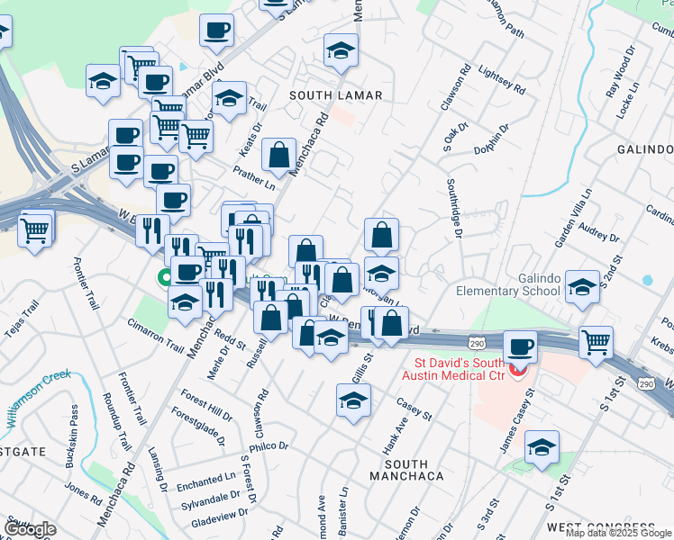 map of restaurants, bars, coffee shops, grocery stores, and more near 4100 Clawson Road in Austin