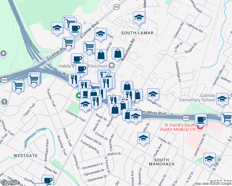 map of restaurants, bars, coffee shops, grocery stores, and more near 1900 Fortview Road in Austin