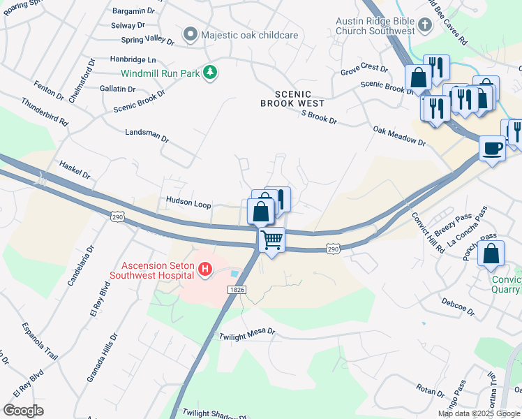 map of restaurants, bars, coffee shops, grocery stores, and more near 7924 Highway 290 in Austin