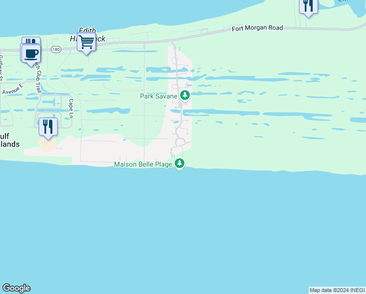 map of restaurants, bars, coffee shops, grocery stores, and more near 9270 Alabama 180 in Gulf Shores