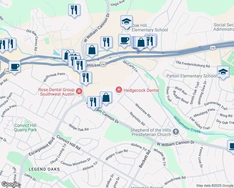 map of restaurants, bars, coffee shops, grocery stores, and more near 5920 West William Cannon Drive in Austin
