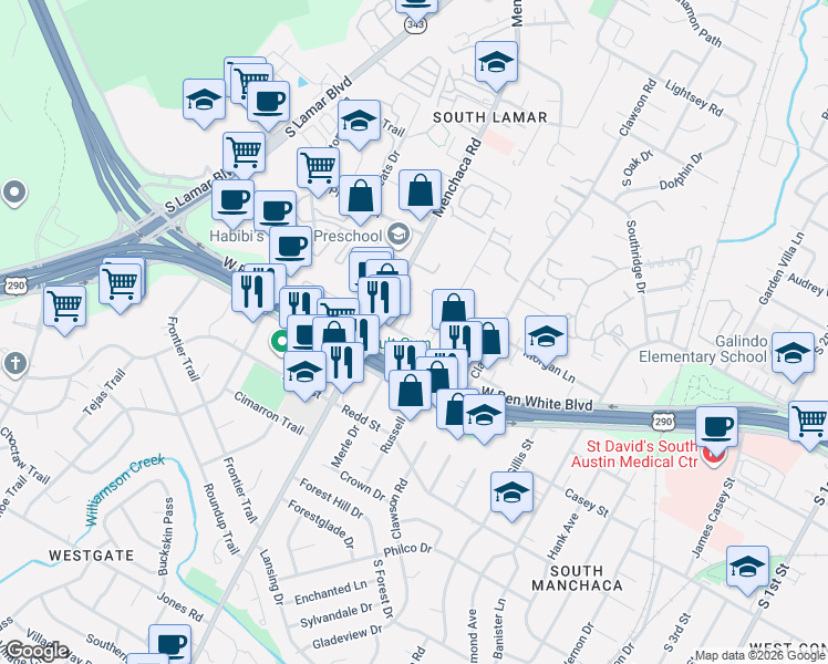 map of restaurants, bars, coffee shops, grocery stores, and more near 1900 Fortview Road in Austin