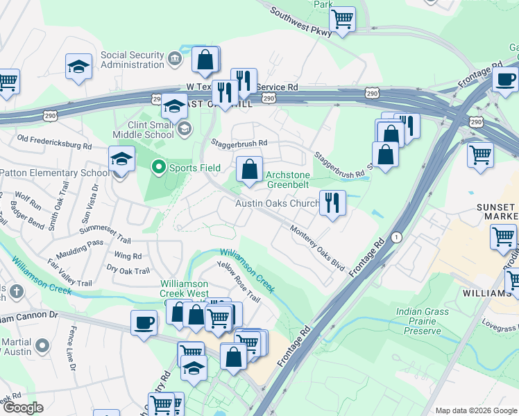 map of restaurants, bars, coffee shops, grocery stores, and more near Monterey Oaks Boulevard in Austin