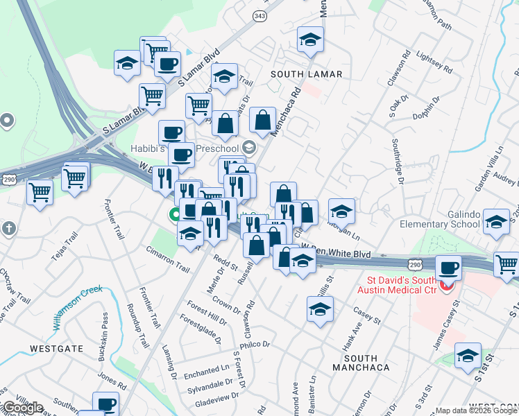 map of restaurants, bars, coffee shops, grocery stores, and more near 1900 Fortview Road in Austin