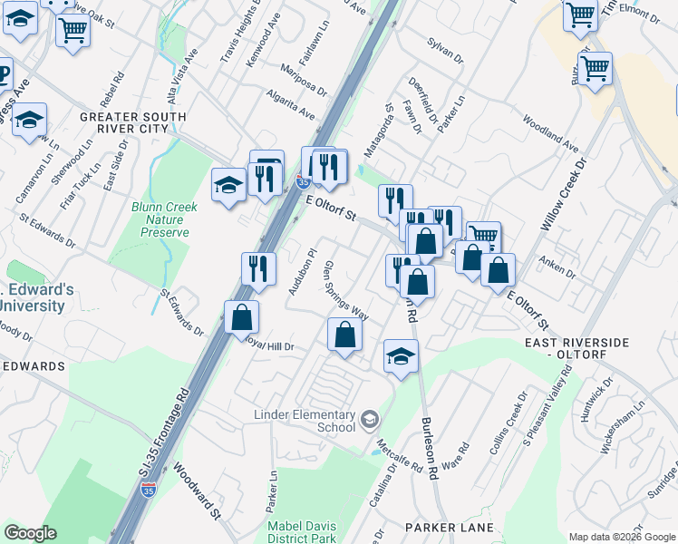 map of restaurants, bars, coffee shops, grocery stores, and more near 2404 Braxton Cove in Austin