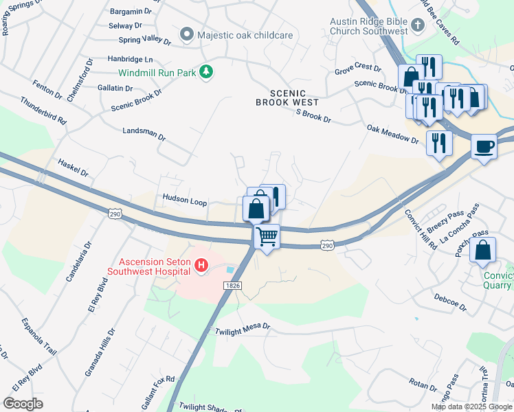 map of restaurants, bars, coffee shops, grocery stores, and more near 7924 Highway 290 in Austin