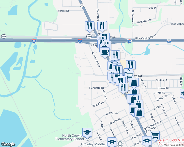 map of restaurants, bars, coffee shops, grocery stores, and more near 107 Par Road 6-52 in Crowley