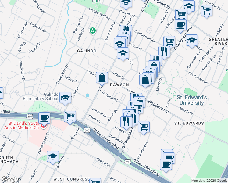 map of restaurants, bars, coffee shops, grocery stores, and more near 412 West Alpine Road in Austin