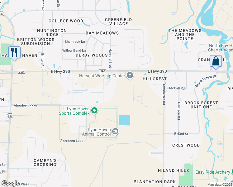 map of restaurants, bars, coffee shops, grocery stores, and more near 4515 Hilltop Lane in Panama City