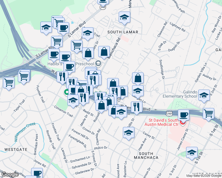 map of restaurants, bars, coffee shops, grocery stores, and more near 4201 Valley View Road in Austin