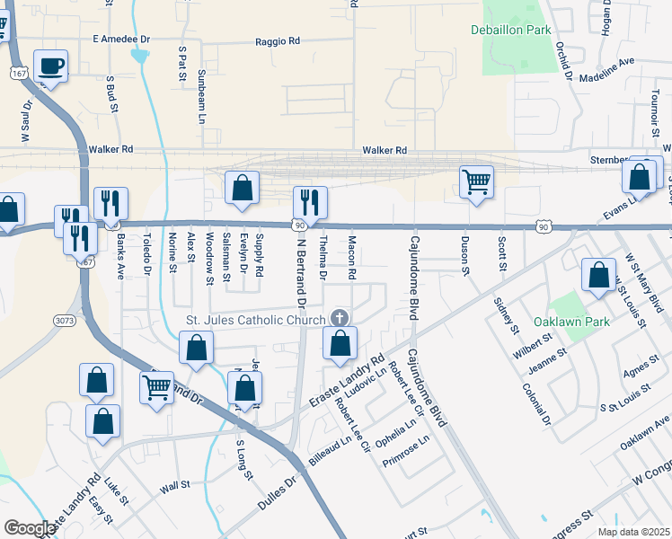 map of restaurants, bars, coffee shops, grocery stores, and more near 202 Adelma Street in Lafayette
