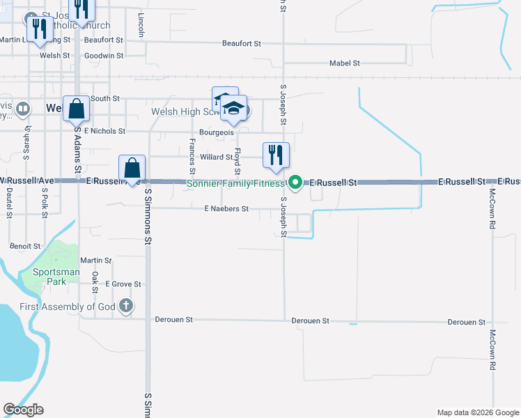 map of restaurants, bars, coffee shops, grocery stores, and more near 700-732 E Naebers St in Welsh