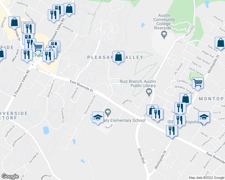 map of restaurants, bars, coffee shops, grocery stores, and more near Faro Dr & Whitney Way in Austin