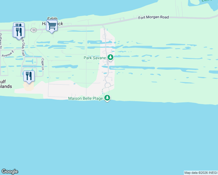 map of restaurants, bars, coffee shops, grocery stores, and more near 9270 Alabama 180 in Gulf Shores