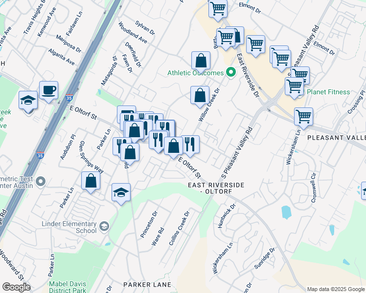 map of restaurants, bars, coffee shops, grocery stores, and more near 2200 Willow Creek Drive in Austin