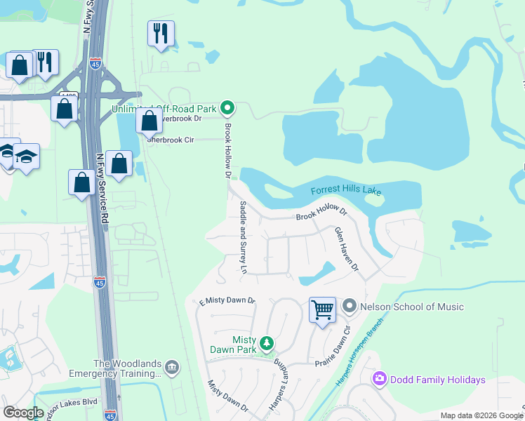 map of restaurants, bars, coffee shops, grocery stores, and more near 409 Brook Hollow Drive in Conroe