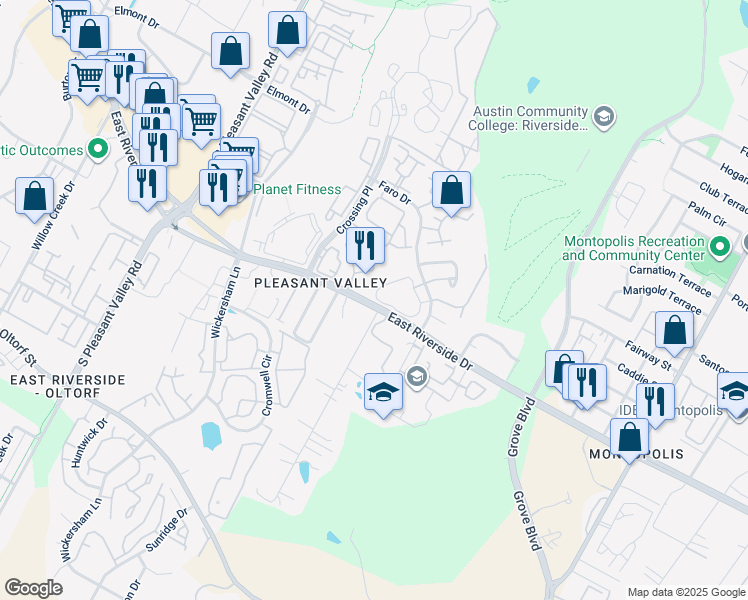 map of restaurants, bars, coffee shops, grocery stores, and more near 1845 River Crossing Circle in Austin