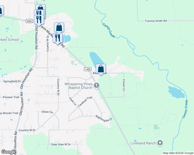 map of restaurants, bars, coffee shops, grocery stores, and more near 18256 Beeson Road in Conroe