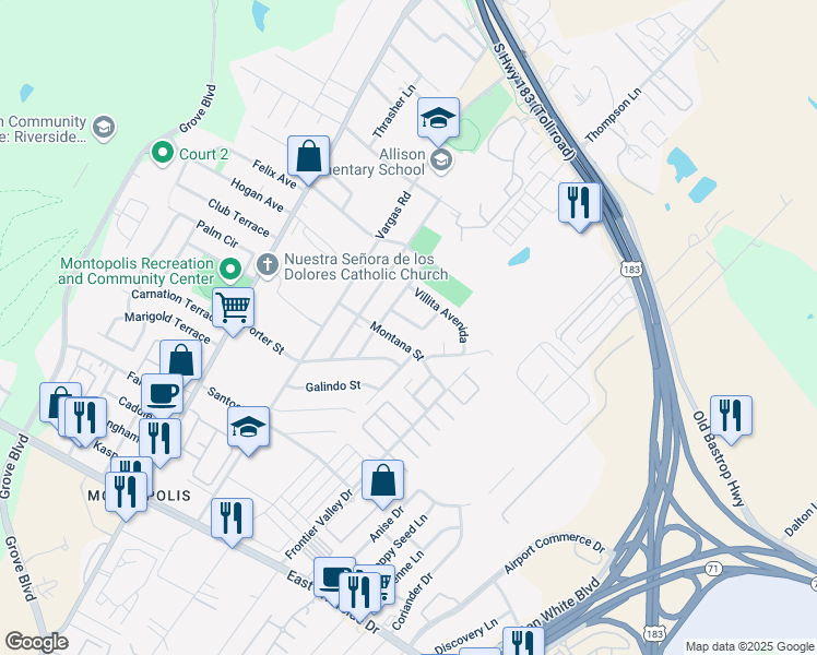 map of restaurants, bars, coffee shops, grocery stores, and more near 1011 Vasquez Street in Austin