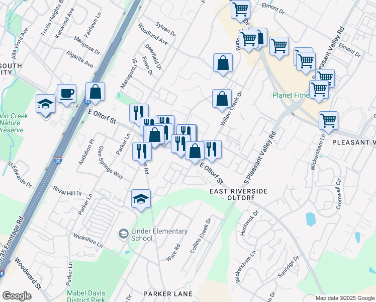 map of restaurants, bars, coffee shops, grocery stores, and more near 2030 East Oltorf Street in Austin