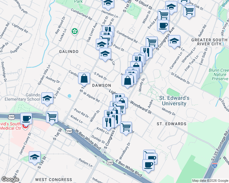 map of restaurants, bars, coffee shops, grocery stores, and more near 308 Lightsey Road in Austin