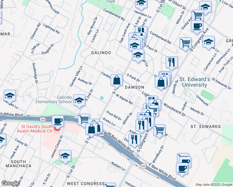 map of restaurants, bars, coffee shops, grocery stores, and more near 3504 South 1st Street in Austin
