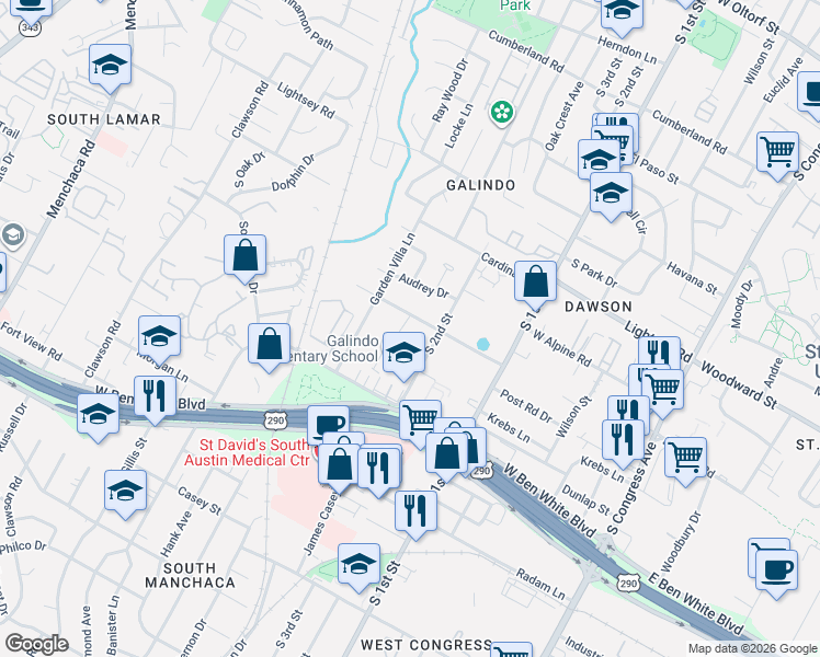 map of restaurants, bars, coffee shops, grocery stores, and more near 901 South Center Street in Austin