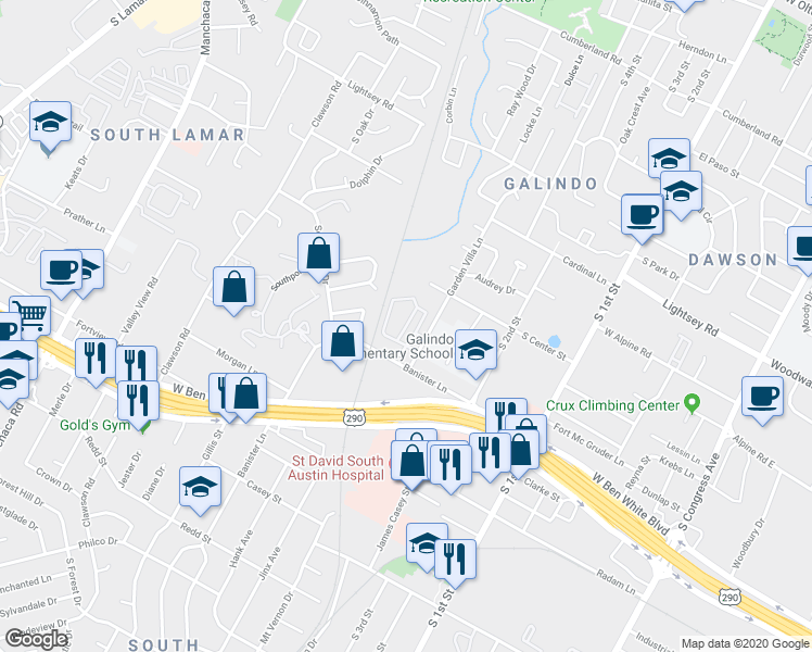 map of restaurants, bars, coffee shops, grocery stores, and more near 1006 Banister Lane in Austin