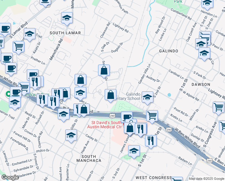 map of restaurants, bars, coffee shops, grocery stores, and more near 1 Southway Drive in Austin