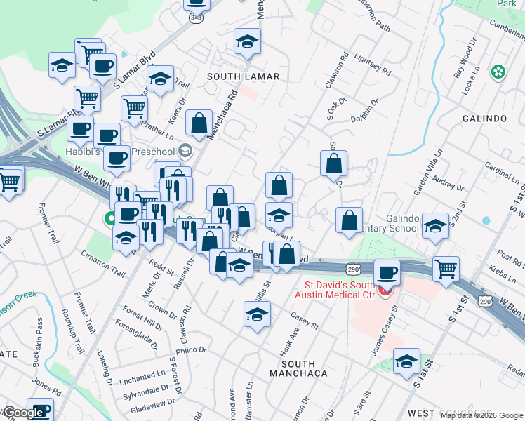 map of restaurants, bars, coffee shops, grocery stores, and more near 4011 Clawson Road in Austin