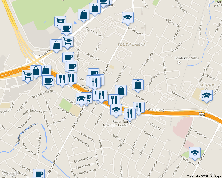 map of restaurants, bars, coffee shops, grocery stores, and more near 4107 Valley View Road in Austin