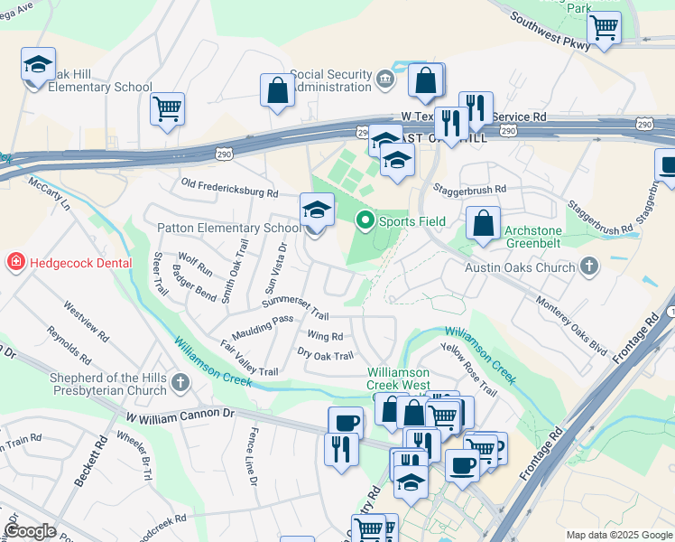 map of restaurants, bars, coffee shops, grocery stores, and more near 6001 Westcreek Drive in Austin