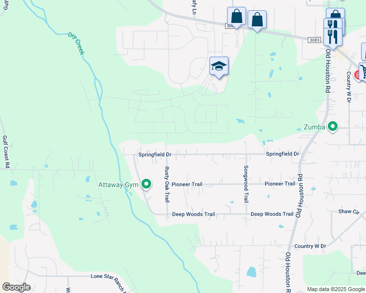 map of restaurants, bars, coffee shops, grocery stores, and more near 16905 Springfield Drive in Conroe
