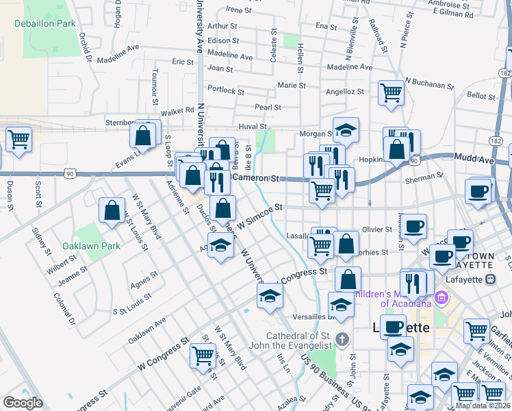 map of restaurants, bars, coffee shops, grocery stores, and more near 612 Cedar Crest Court in Lafayette