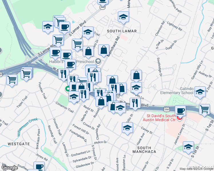 map of restaurants, bars, coffee shops, grocery stores, and more near 4120 Valley View Road in Austin