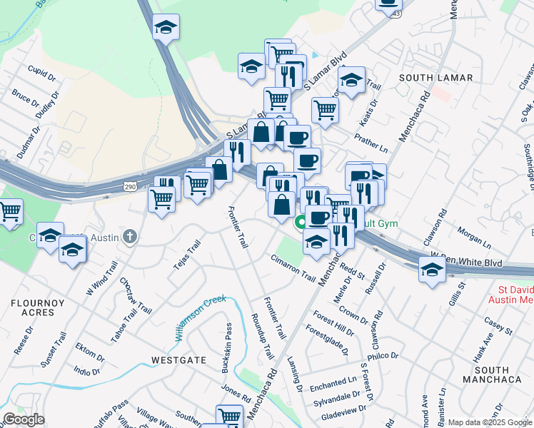 map of restaurants, bars, coffee shops, grocery stores, and more near 2312 Western Trails Boulevard in Austin