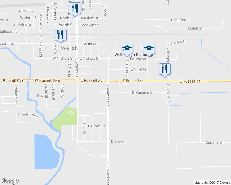 map of restaurants, bars, coffee shops, grocery stores, and more near 625 East Naebers Street in Welsh