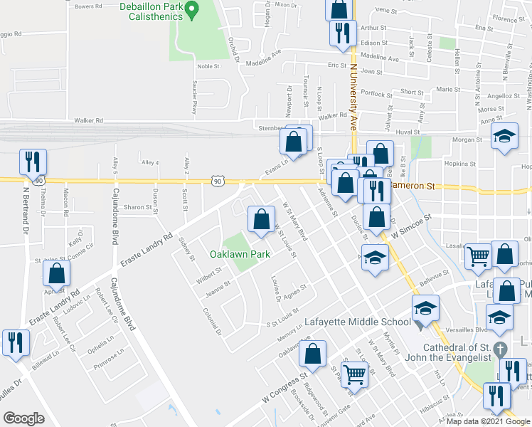 map of restaurants, bars, coffee shops, grocery stores, and more near 521 West Saint Louis Street in Lafayette