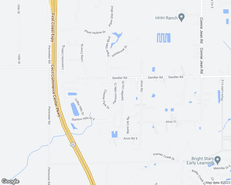 map of restaurants, bars, coffee shops, grocery stores, and more near 6544 Harmon Hills Circle in Jacksonville