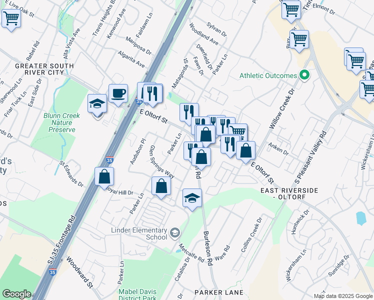 map of restaurants, bars, coffee shops, grocery stores, and more near 1817 East Oltorf Street in Austin