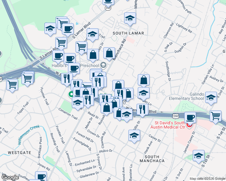 map of restaurants, bars, coffee shops, grocery stores, and more near 4107 Valley View Road in Austin