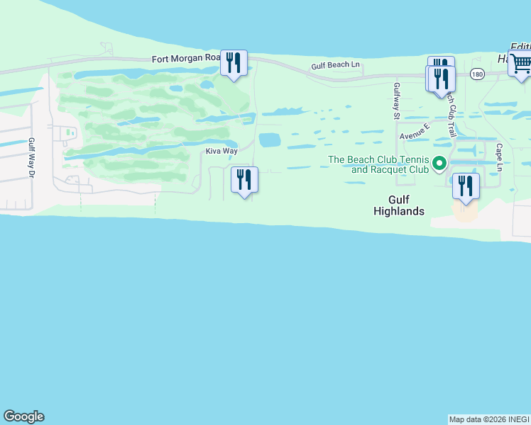 map of restaurants, bars, coffee shops, grocery stores, and more near 400 Plantation Road in Gulf Shores