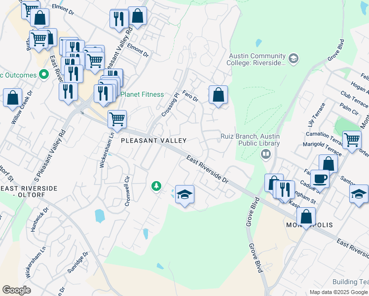 map of restaurants, bars, coffee shops, grocery stores, and more near 1818 River Crossing Circle in Austin
