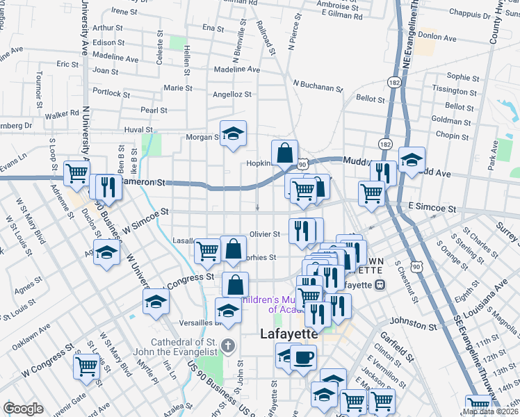 map of restaurants, bars, coffee shops, grocery stores, and more near 326 South Washington Street in Lafayette