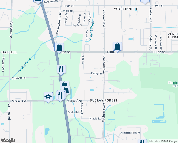 map of restaurants, bars, coffee shops, grocery stores, and more near 5837 Penny Lane in Jacksonville