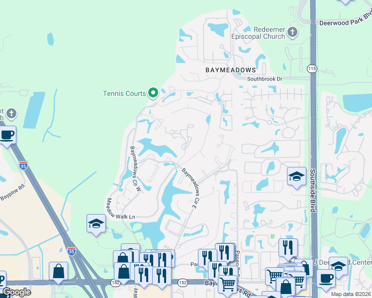 map of restaurants, bars, coffee shops, grocery stores, and more near 7601 Las Palmas Way in Jacksonville