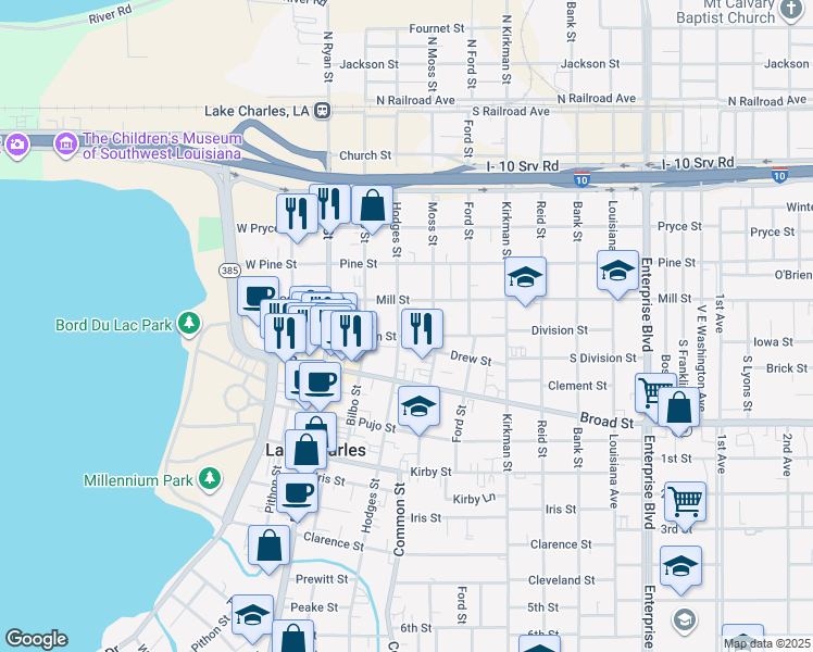 map of restaurants, bars, coffee shops, grocery stores, and more near 625 Hodges Street in Lake Charles