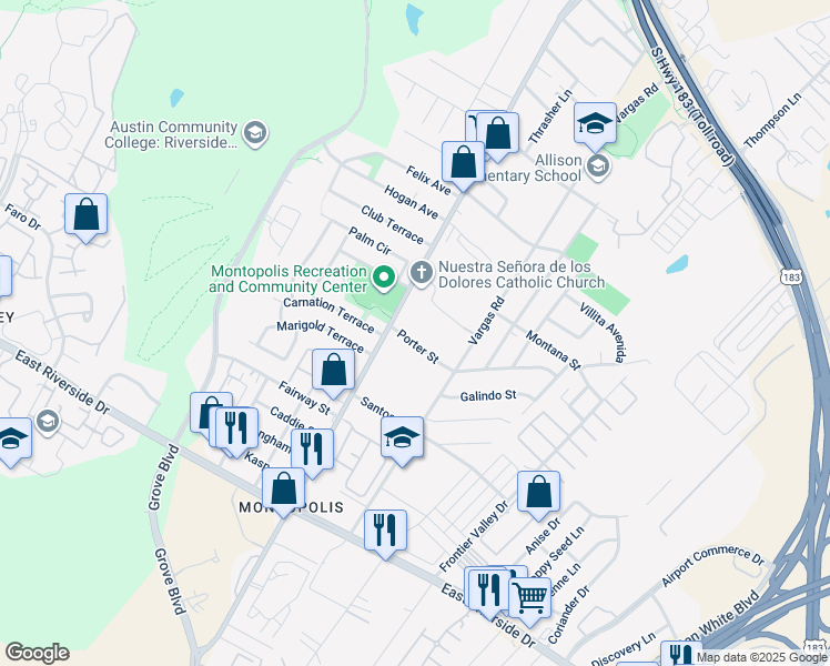 map of restaurants, bars, coffee shops, grocery stores, and more near 6406 Porter Street in Austin