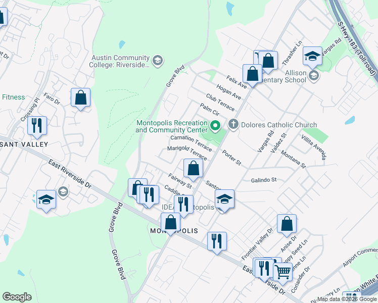 map of restaurants, bars, coffee shops, grocery stores, and more near 6109 Marigold Terrace in Austin